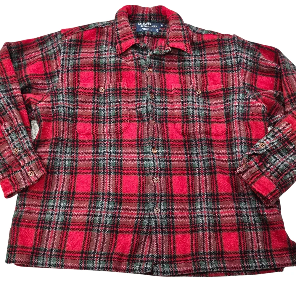 VTG Polo Ralph Lauren 100% Wool Plaid Flannel‎ Shirt Jacket L XL USA